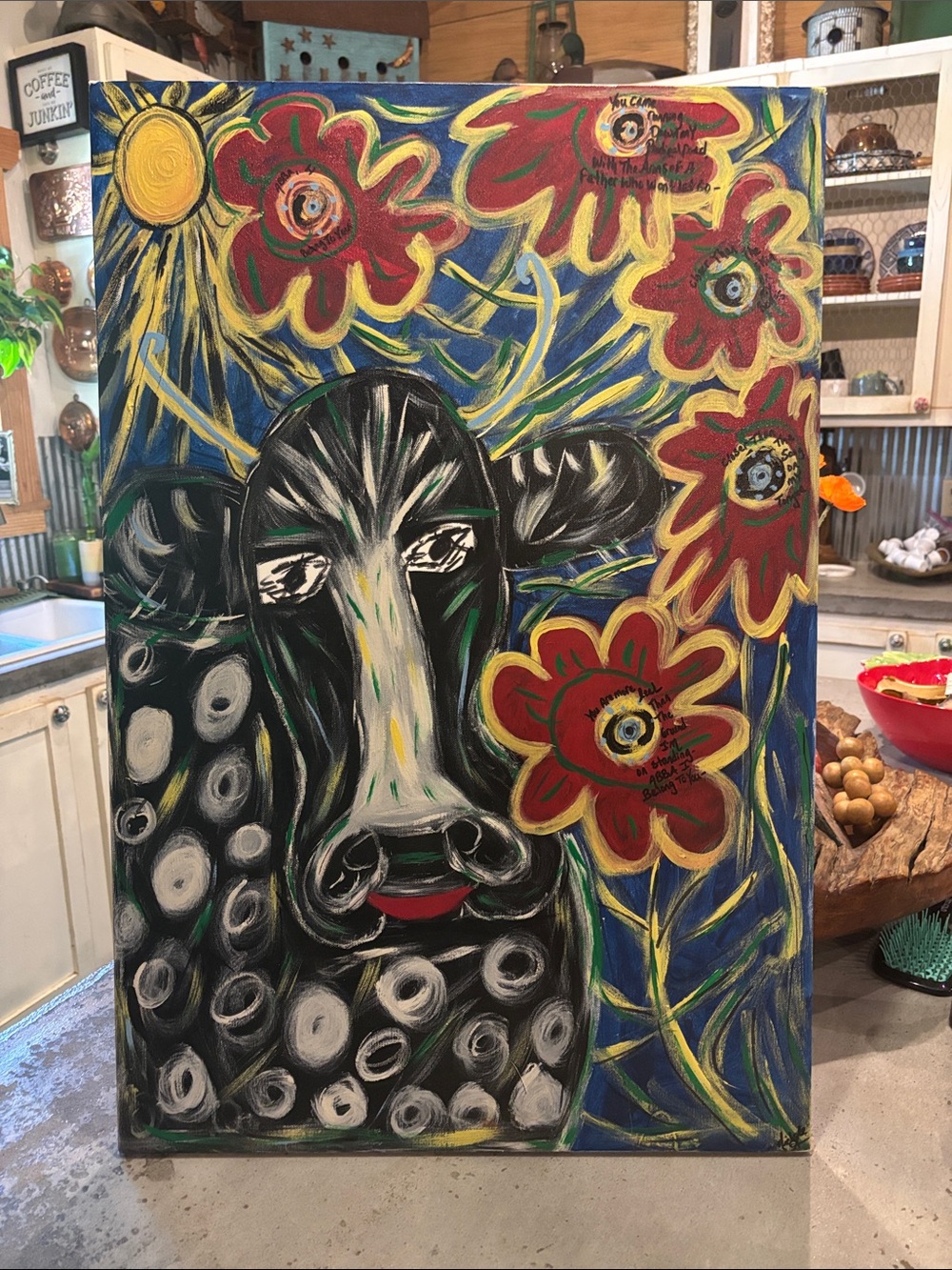 Huge Black Cow Folk Art - Vibrant Red & Yellow Flowers
